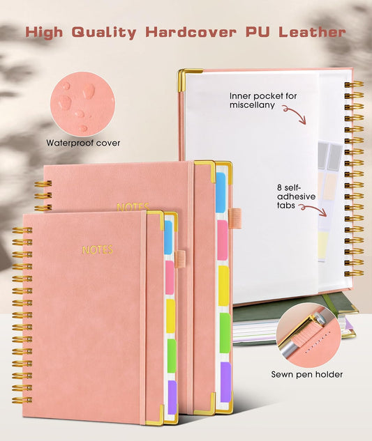 Hardcover Spiral Notebook journal with Removable Dividers Tabs, 300 Pages Leather 5 Subject Notebook College Ruled, 8"x10" Large B5 Notebooks for Work School Note taking, Lined Journal for Women,Black
