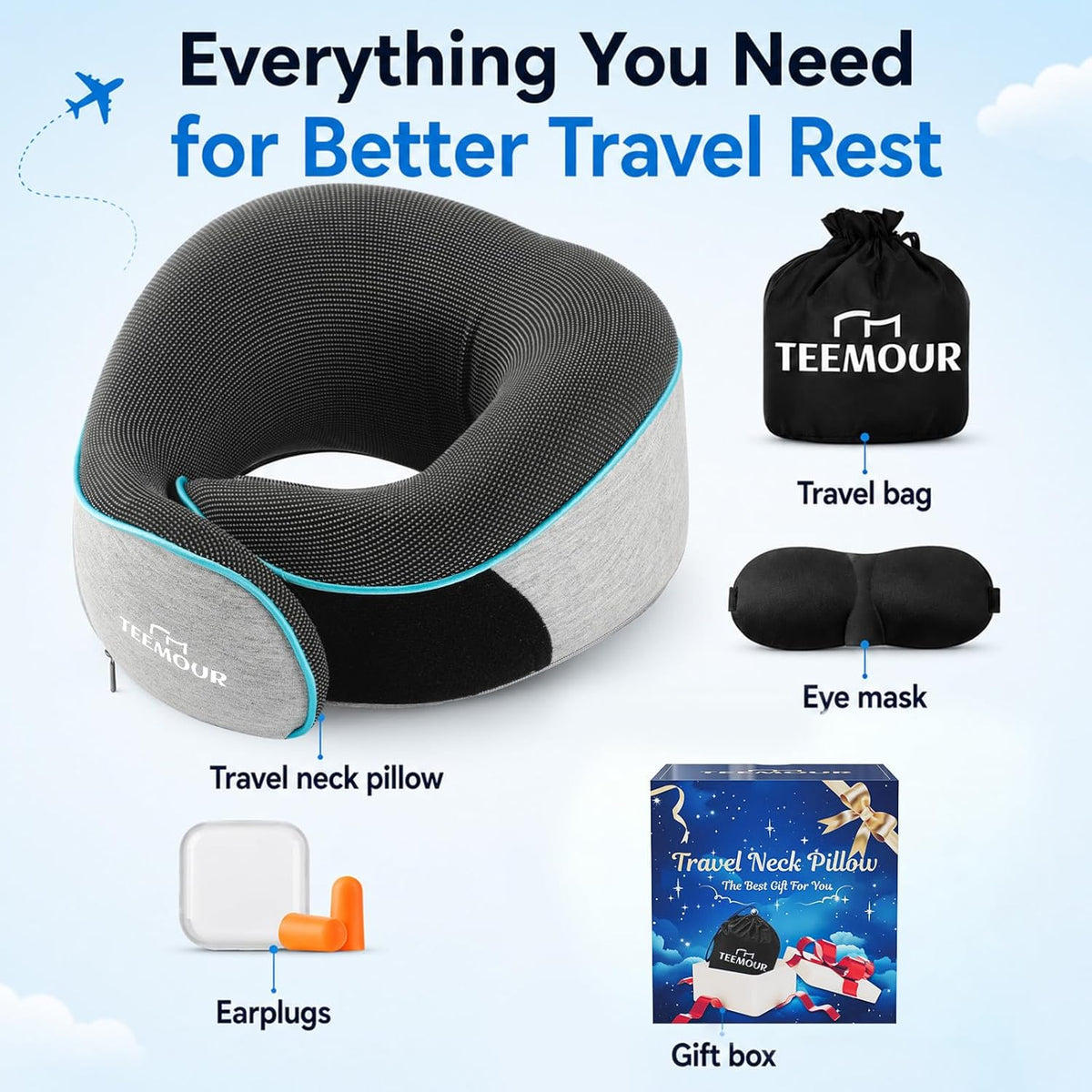 Travel Pillow Neck Pillow for Airplane Travel Essentials - Memory Foam Travel Neck Pillow, Stops Head Bobbing With Eye Mask & Earplugs, Portable Carry Bag for Long Flights| Airplane Accessories Black