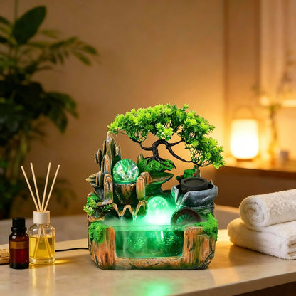 Mini Artificial Bonsai Tree Waterfall Fog Feature Rock Tabletop Fountain | 11in Desktop Decor Waterfall Fountain W/ Water Pump& Atomizer&LED Lights &Fake Tree Office Bedroom Relax