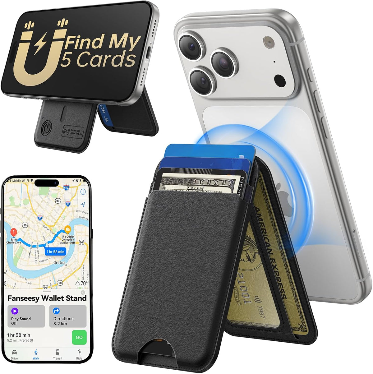 TWZKG for MagSafe Wallet, Works with Apple Find My,5 Card Holder with Stand