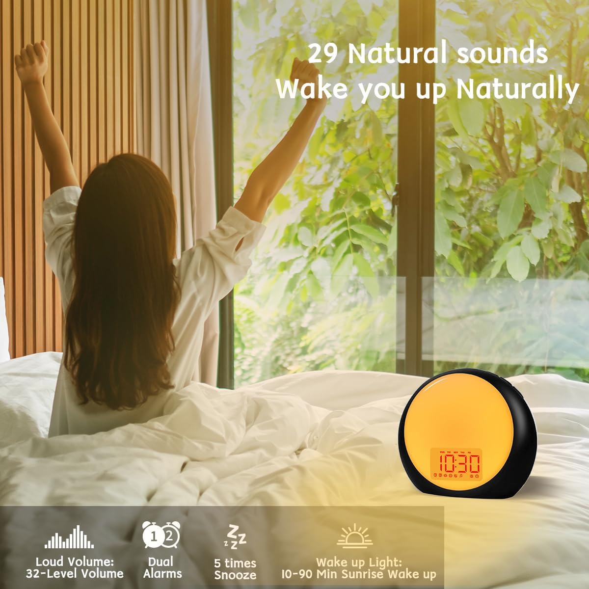 Wake Up Light Sunrise Alarm Clock White Noise Machine with Sunrise Sunset Simulation for Heavy Sleepers Kids Bedroom Dual Alarms Snooze Sound Brown Noise Machine with 25 Sounds for Sleeping
