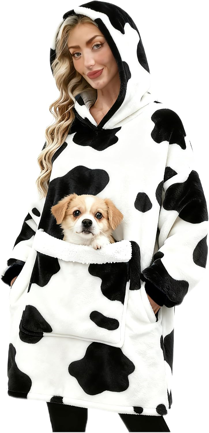 Wearable Blanket Hoodie Gifts for Women Men, Oversized Blanket Sweatshirt Cozy Fleece Blanket with Dog Giant Pocket