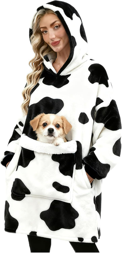 Wearable Blanket Hoodie Gifts for Women Men, Oversized Blanket Sweatshirt Cozy Fleece Blanket with Dog Giant Pocket