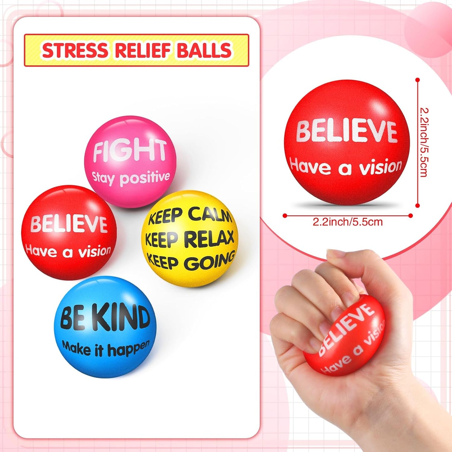 Liliful 100 Pcs Motivational Stress Balls Bulk Inspirational Squeeze Balls for Adults Anxiety Relief Fidget Toys Office Employee Gifts Classroom Rewards 2.2 Inch (Bright Colors)