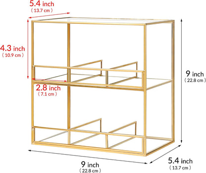 REDHUGO Glass Tea Bag Organizer for Counter, 2-Tier Teabag Organizer Storage Holder for Tea Bags, Glass Caddy Box Containers, Rack Teabag Station Stand for Cabinet Kitchen, 2-Tier, Gold