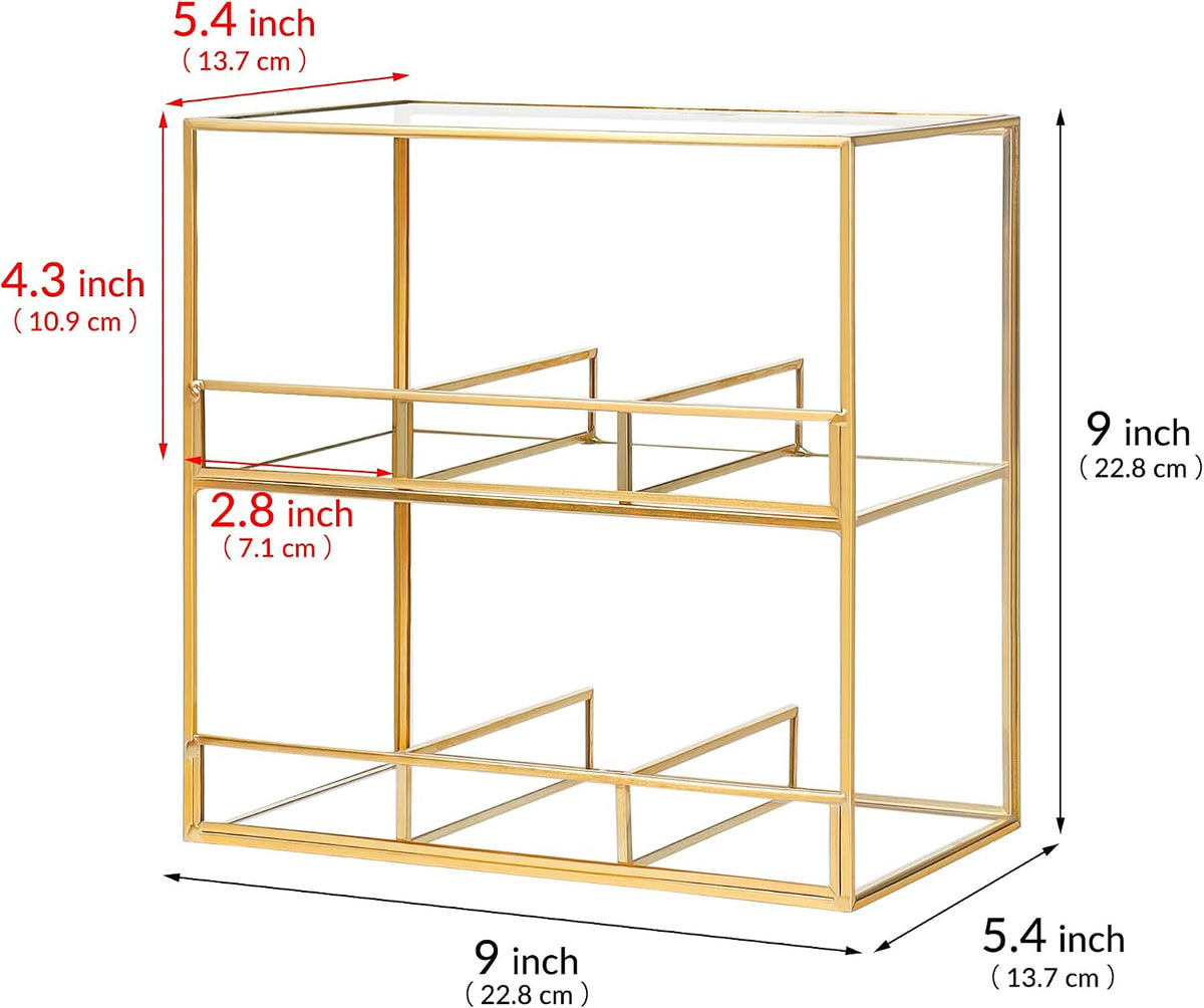REDHUGO Glass Tea Bag Organizer for Counter, 2-Tier Teabag Organizer Storage Holder for Tea Bags, Glass Caddy Box Containers, Rack Teabag Station Stand for Cabinet Kitchen, 2-Tier, Gold