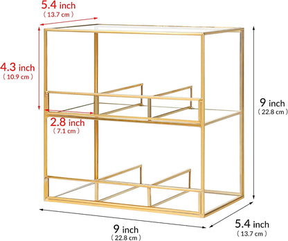 REDHUGO Glass Tea Bag Organizer for Counter, 2-Tier Teabag Organizer Storage Holder for Tea Bags, Glass Caddy Box Containers, Rack Teabag Station Stand for Cabinet Kitchen, 2-Tier, Gold