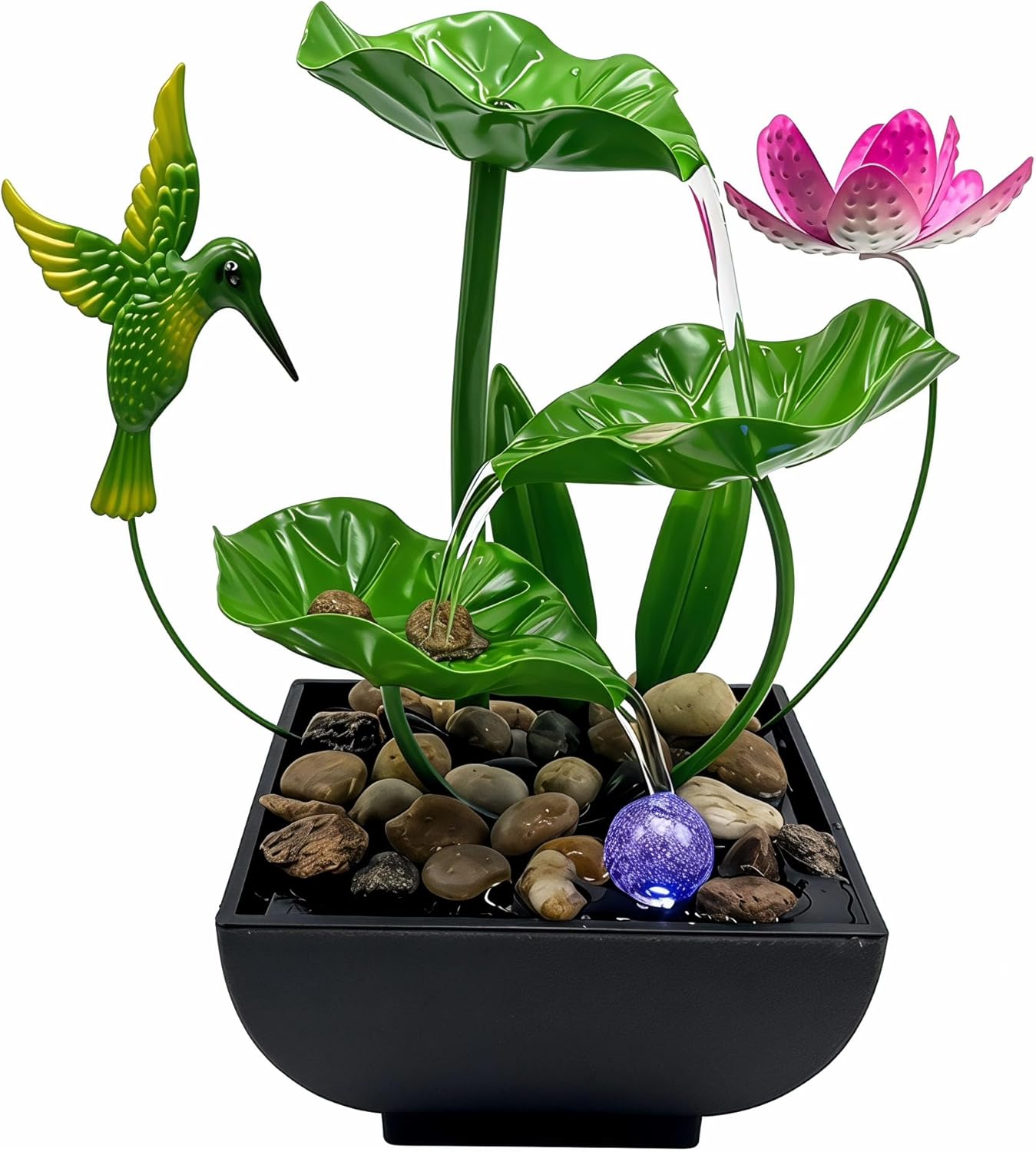 Tabletop Fountain,Indoor Water Fountain,Home Fengshui Décor Zen Relaxation Soothing Sound Machine for Office,Living Room,or Bedroom,Green Lotus,Hummingbird & Pink Flower