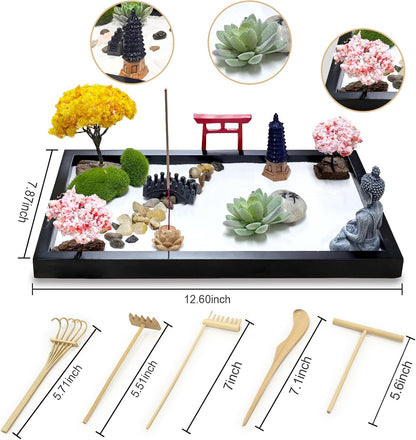 Zen Garden for Desk Decor - Premium Beautiful Japanese Mini Zen Sand Garden Kit Box for Home, Office Desk with Black Wooden Tray, White Sand, Tools, Red Gate, Buddha - Desktop Set
