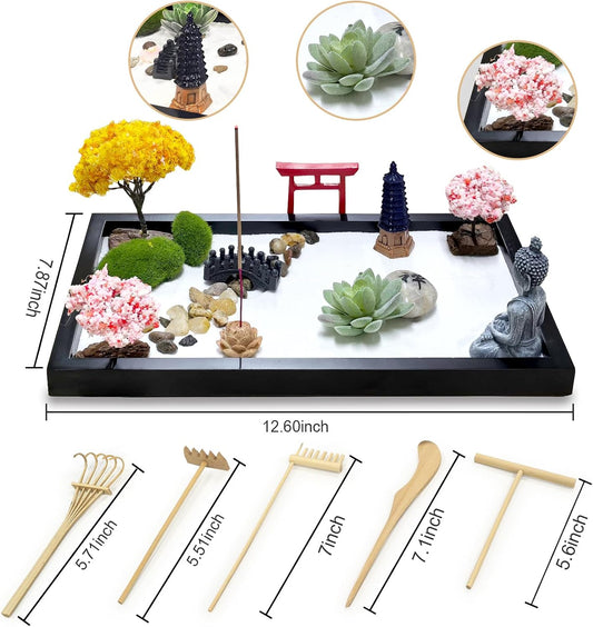 Zen Garden for Desk Decor - Premium Beautiful Japanese Mini Zen Sand Garden Kit Box for Home, Office Desk with Black Wooden Tray, White Sand, Tools, Red Gate, Buddha - Desktop Set