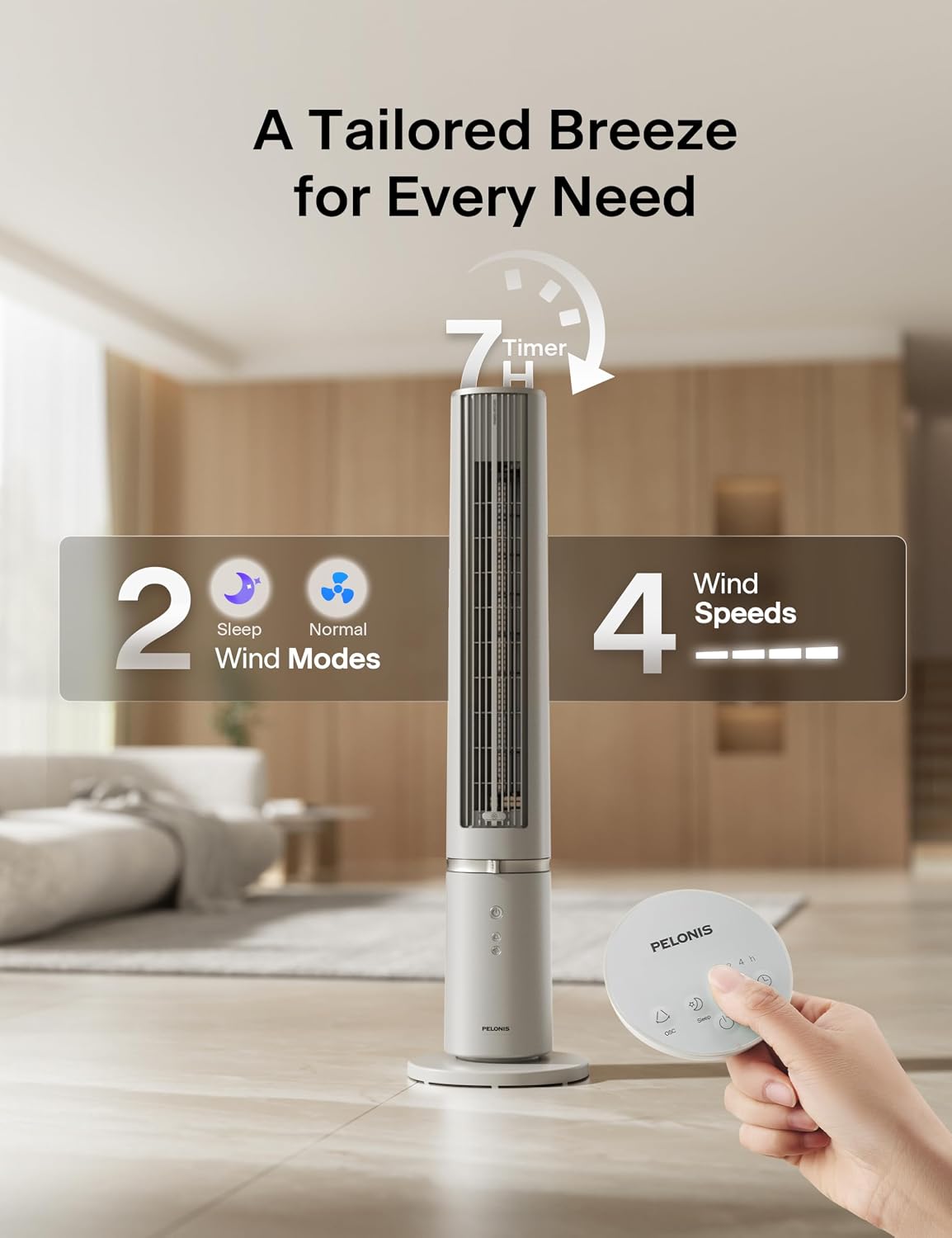 PELONIS 40 inch Bladeless Tower Fan for Bedroom, Standing Fan with Remote Control, 26ft/s, 90° Oscillation, 3 Speed Settings, 27dB, 3 Modes, 15-Hour Timer, LED Display, Fan that Blows Cold Air, White