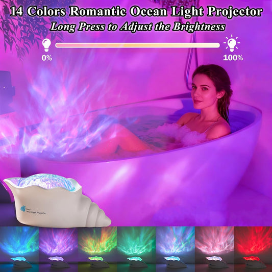 Conch Ocean Wave Light Projector, Colors Changing Lamp with Dynamic Ripple Light, Mood Lighting with Memory Function, 5 White Noise, Dimmable Novelty Lamp for Bedroom Bathroom Playroom Decor