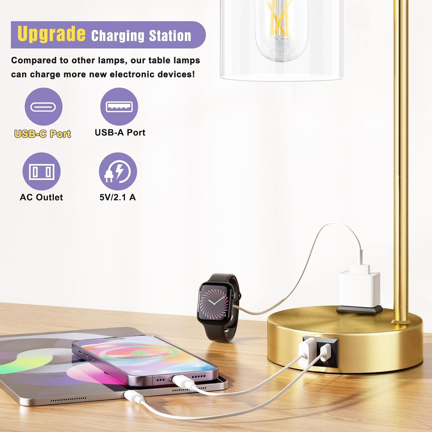 Industrial Touch Table Lamps for Bedrooms Set of 2 - 3-Way Dimmable Nightstand Lamps with USB C+A Ports and Outlet, Black Bedside Lamps with Glass Shade for Living Room, Desk Lamps for Home Office
