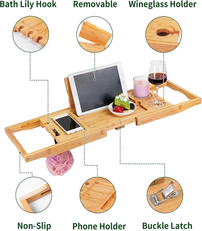 Utoplike Bamboo Bathtub Caddy Tray for Tub, Expandable Bath Table Trays