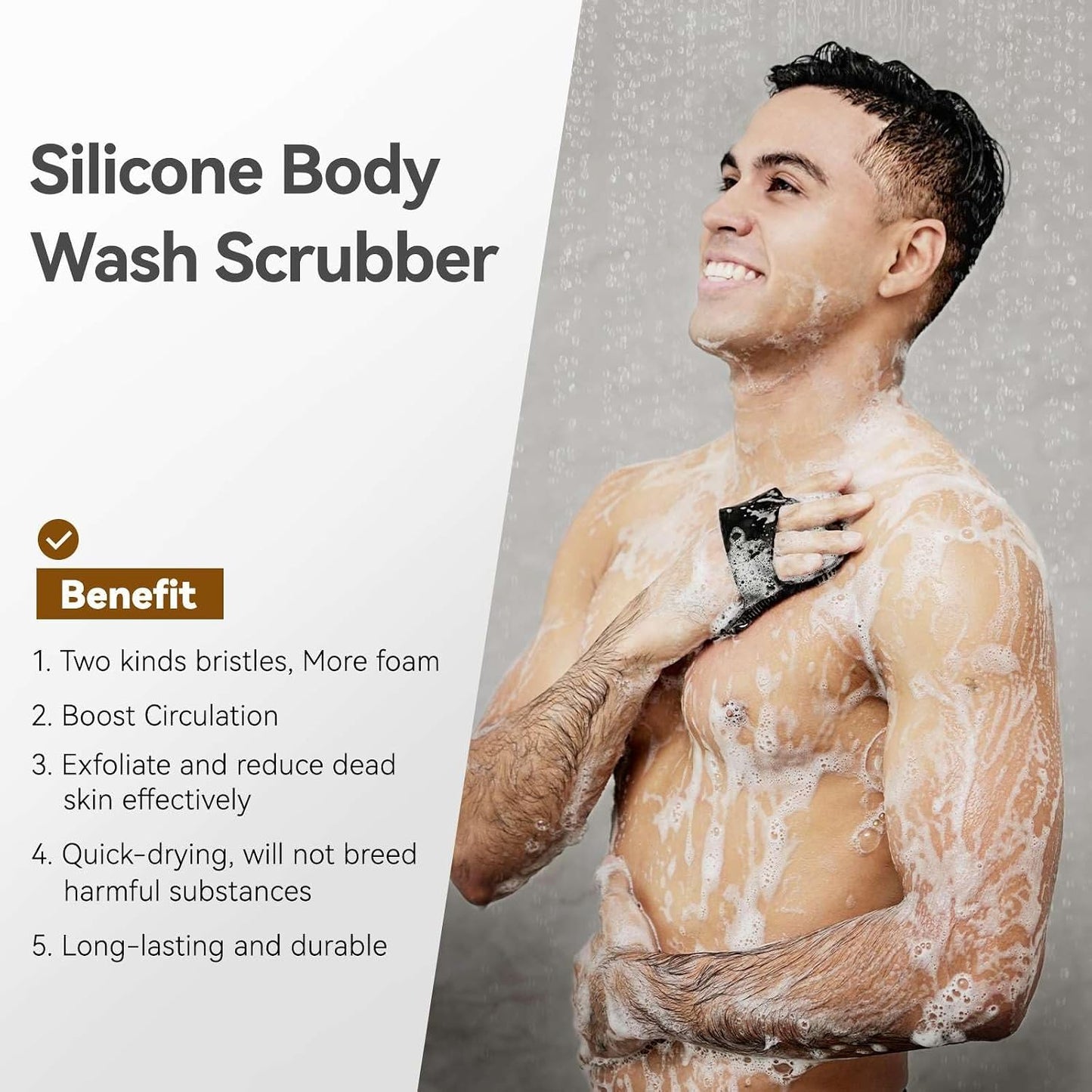 Silicone Body Scrubber for Men Women, Friendly Shower Body Scrubber for Sensitive Skin, Silicone Loofahfor Showering with Richer Foam Bristles and Anti-Slippery Handle, Gray