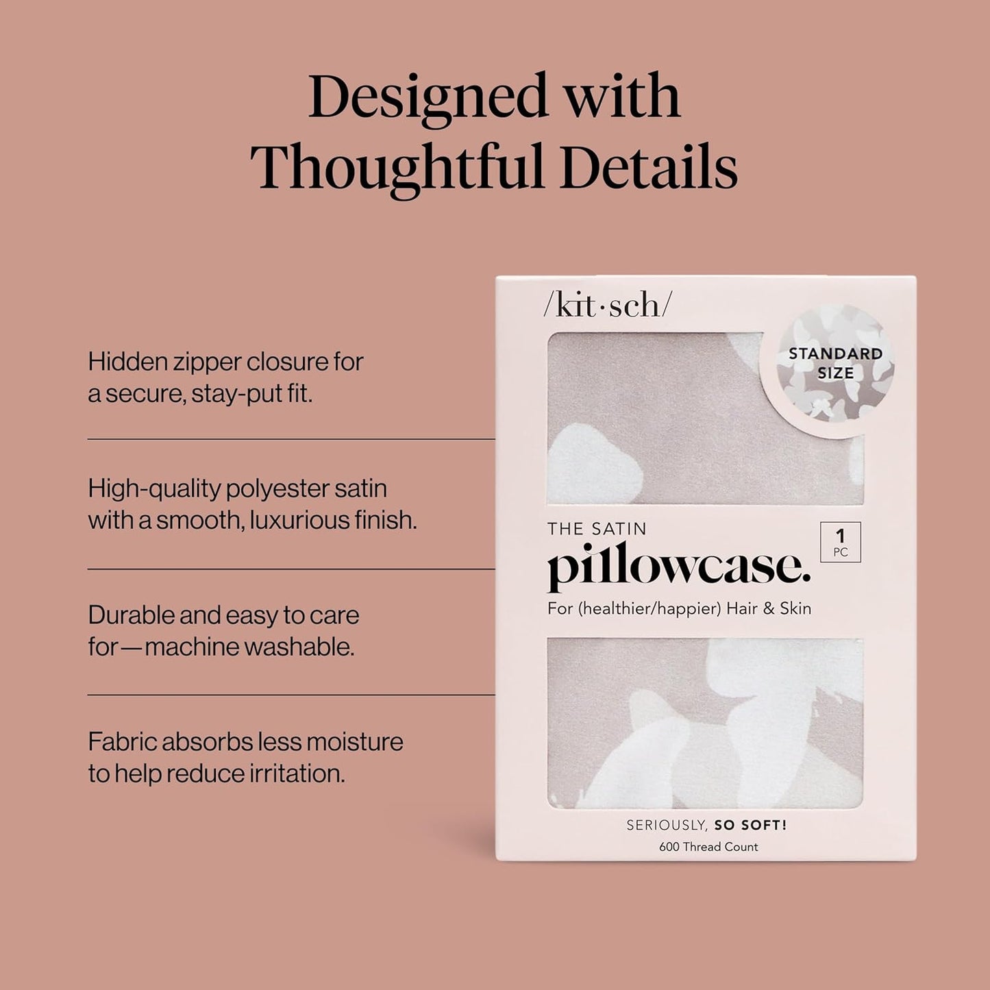 Kitsch Satin Pillowcase with Zipper for Hair & Skin - Softer Than Silk Pillow Cases, Smooth Cooling Satin Pillow Case, Wrinkle-Free, Machine Washable - Pillow Cases Standard Size (19x26) - Blush