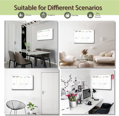 Glass Colorful Weekly Dry Erase Calendar Whiteboard for Wall,24"x 36",Frameless Mounting,Office/School/Home, Frameless Large Planner White Board