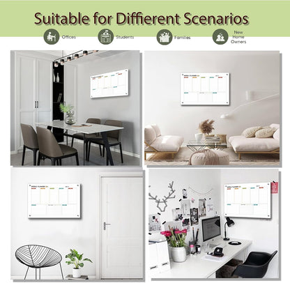Glass Colorful Weekly Dry Erase Board for Wall,Weekly Planner Whiteboard for Wall 24"x18",Frameless Mounting,Medium Weekly Wall Calendar Dry Erase for Office/School/Home