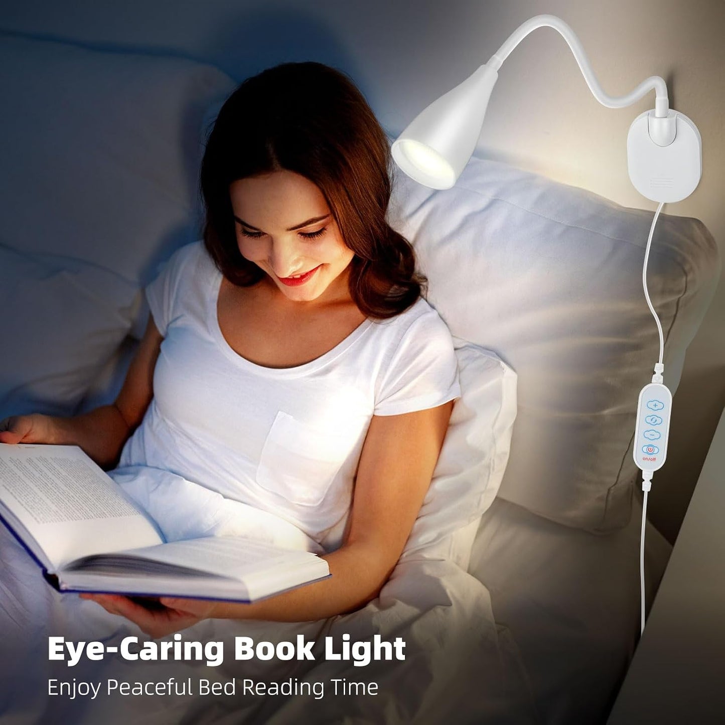 LiFMIRA Wall-Mounted LED Bedside Reading Light with USB Charging Port, 10-Level Dimmable & Adjustable 5 Color, Plug-in Adhesive Night Lamp for Books in Bed, Eye-Caring Bedroom Lighting (Black)