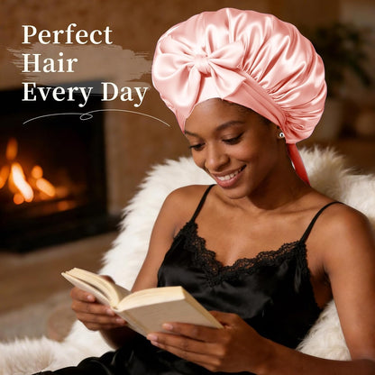 Silk Bonnet Satin Bonnet for Sleeping Large Bonnets with Tie Band Hair Wrap with Adjustable Straps Hair Cap for Women Curly Black