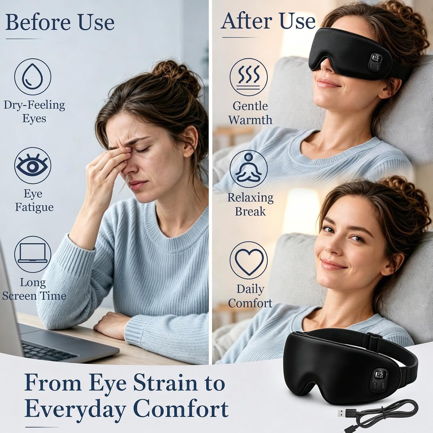 Cordless Heated Eye Mask-4 Heat Levels & 4 Timers Heated Eye Mask Rechargeable for Dry Eyes Warm Compress for Eyes Home Office Travel Sleep Soft Adjustable Portable Eye Mask Gift for Women Men