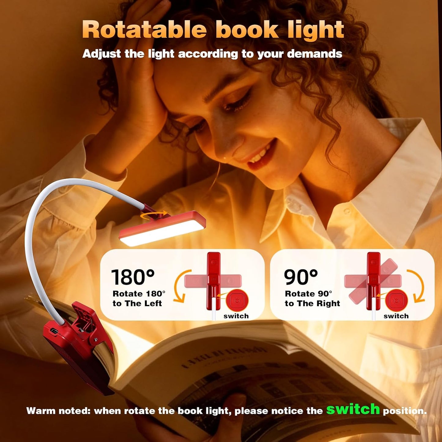 VAVOFO 24 LEDs Rotatable Book Light, Rechargeable Clip Reading Lamp