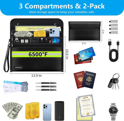 6500℉ Upgraded Fireproof Cash Bag (11.2x7.7 inch) with 2 Pockets,Small Fireproof Safe with 2 Zipper,Storage Cash,Legal Documents Safe,10 Layers of Heat Insulated Materials(2 Pack)