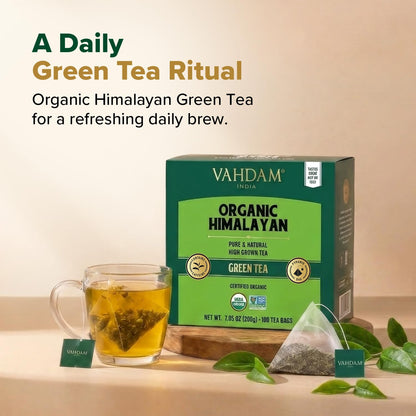 VAHDAM, Organic Himalayan Green Tea (100 Count) High Grown, Non GMO, Gluten Free, Low Caffeine | Earthy & Smooth | Resealable & Plant-Based Pyramid Tea Bags