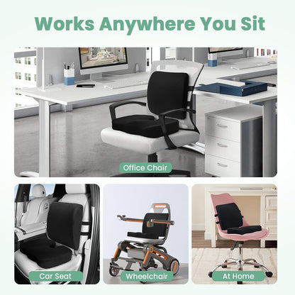 Seat Cushion and Lumbar Support Pillow for Office Chair, Wheelchair, Memory Foam Coccyx Cushion for Sciatica Tailbone Pain Relief, Back Support for Car Chairs, Desk Chair