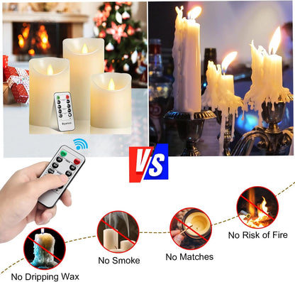 2PACK Outdoor Plastic flameless Candles with Remote Control and Timer, LED Flickering Battery Operated Electric Pillar Candles (D3 xH5.5) for Camping, Weddings, Home Decoration