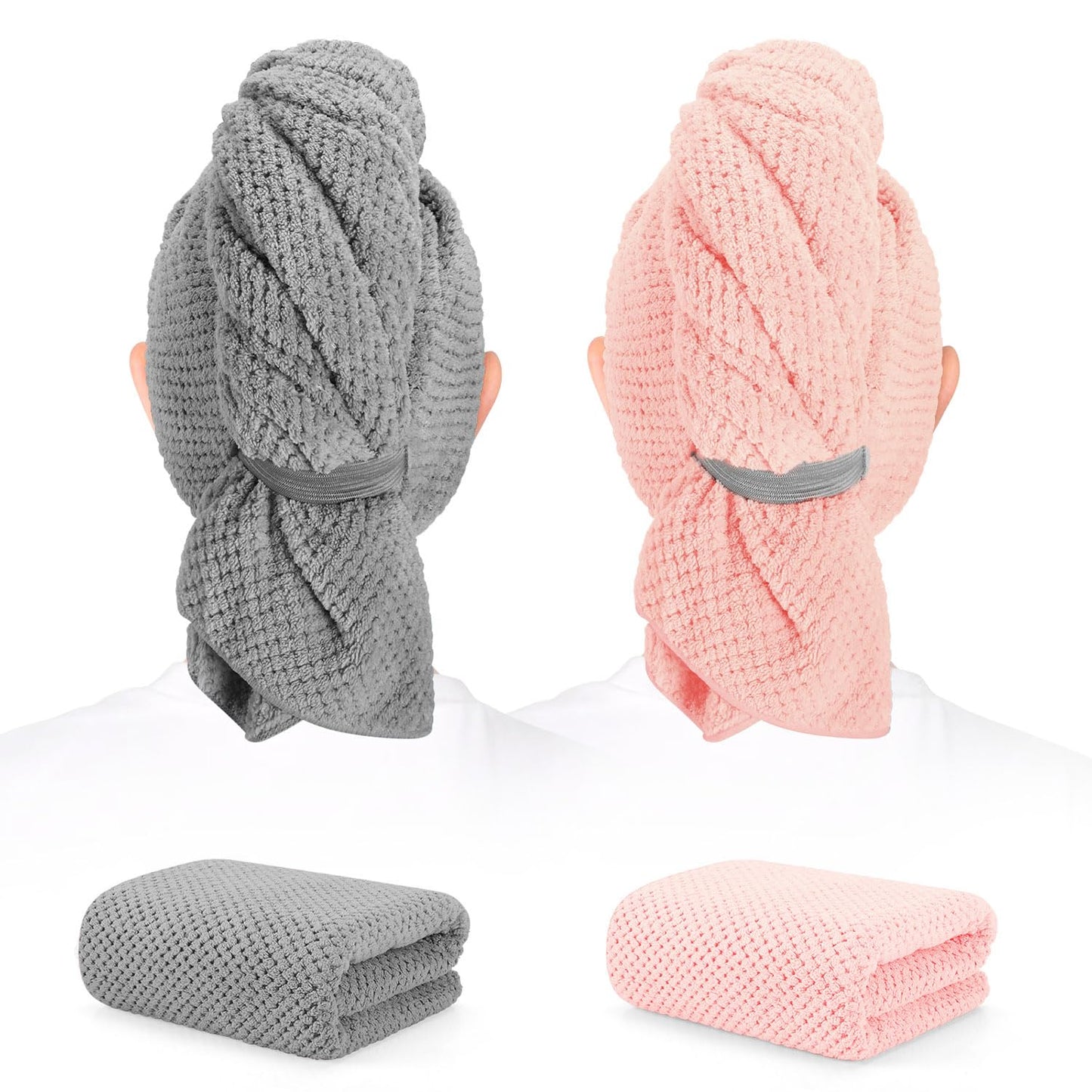2 Pack Microfiber Hair Towel - 41 x 24 inches Super Soft, Absorbent, Fast Drying Without Frizz Hair Towel Wrap for Women Long, Thick, Curly Hair - Hair Turbans with Elastic Strap