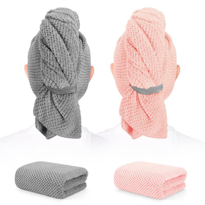 2 Pack Microfiber Hair Towel - 41 x 24 inches Super Soft, Absorbent, Fast Drying Without Frizz Hair Towel Wrap for Women Long, Thick, Curly Hair - Hair Turbans with Elastic Strap