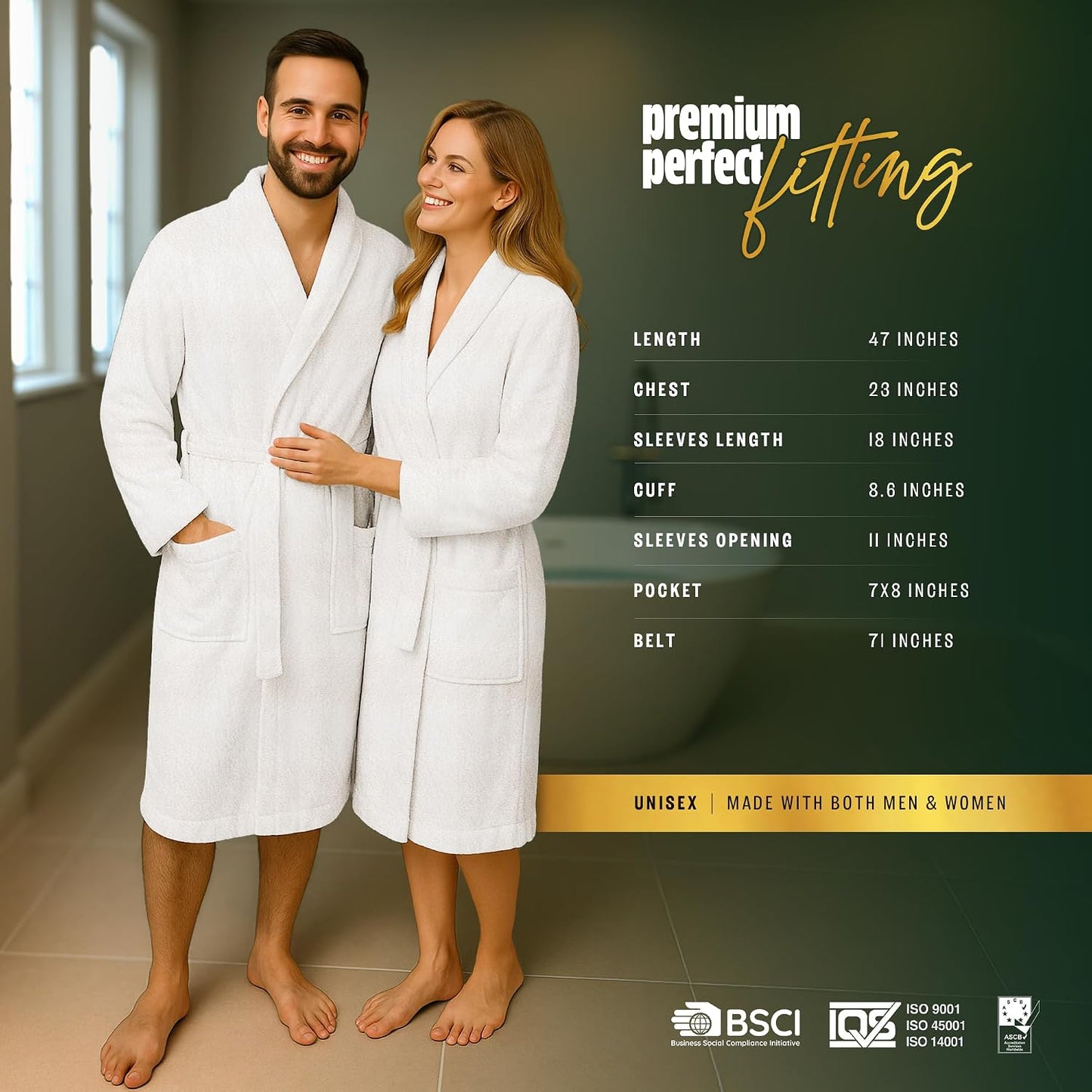 Pearl Linens Cotton Terry Shawl Collar Bathrobe - Soft, Lightweight & Absorbent Unisex Spa Robe for Women & Men - 1 Piece