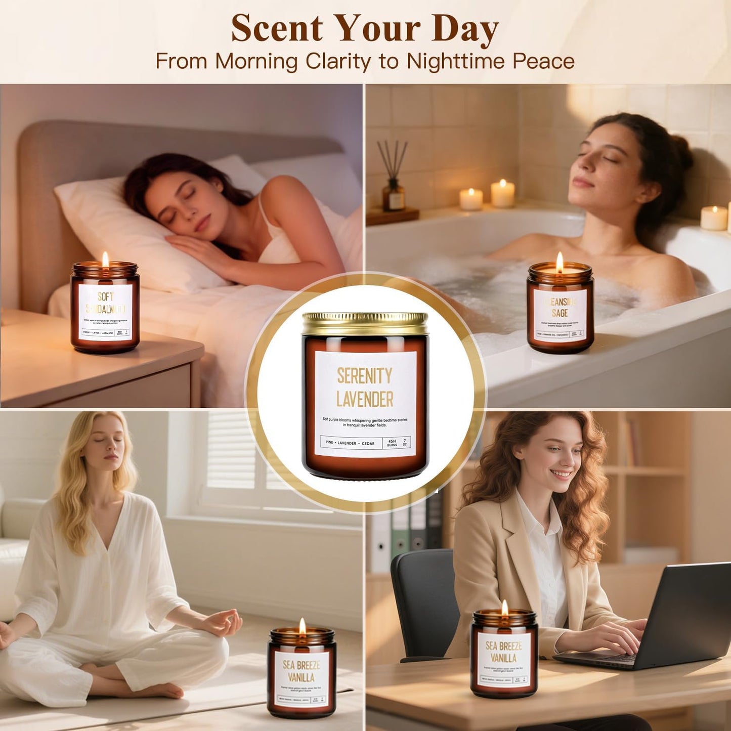 6-Pack Scented Soy Candle Set – Lavender Vanilla, Eucalyptus, Sandalwood, Jasmine & White Tea, Coconut, Sage | Natural Long Lasting Aromatherapy Candles for Home, Relaxation & Birthday Gifts