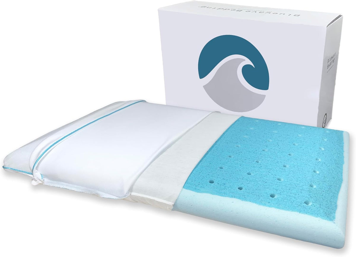 Bluewave Bedding Ultra Slim Max Cool CarbonBlue Gel Memory Foam Pillow for Stomach and Back Sleepers - Thin, Flat Design with Advanced Cooling (2.75-Inch Height, Standard Size)