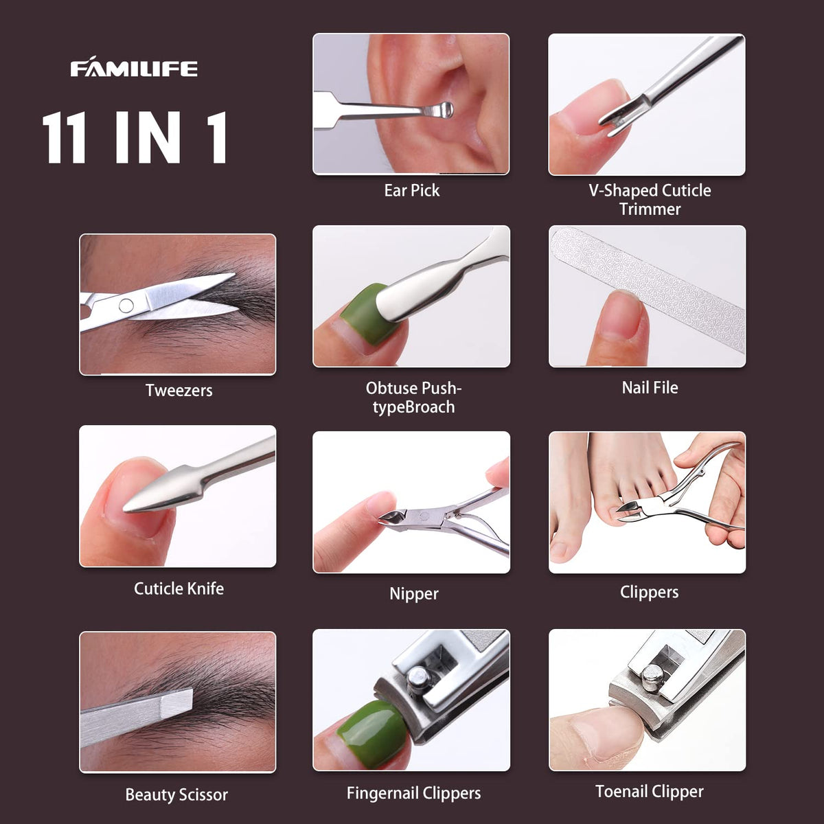 FAMILIFE Stainless Steel Manicure Set 11-in-1 Professional Nail Clipper Kit