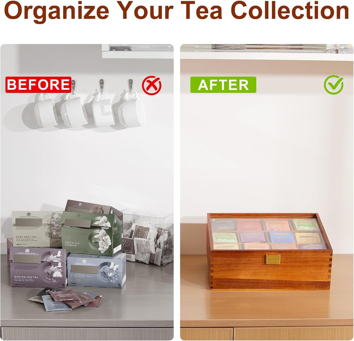 HouseJoy Tea Bag Organizer, Acacia Wood Tea Storage Box, 12 Compartments Tea Bags Storage Drawer with Clear Glass Window, Tea Bag Holder for Countertop Kitchen Cabinet Pantry - Keeps Tea Bags Fresh