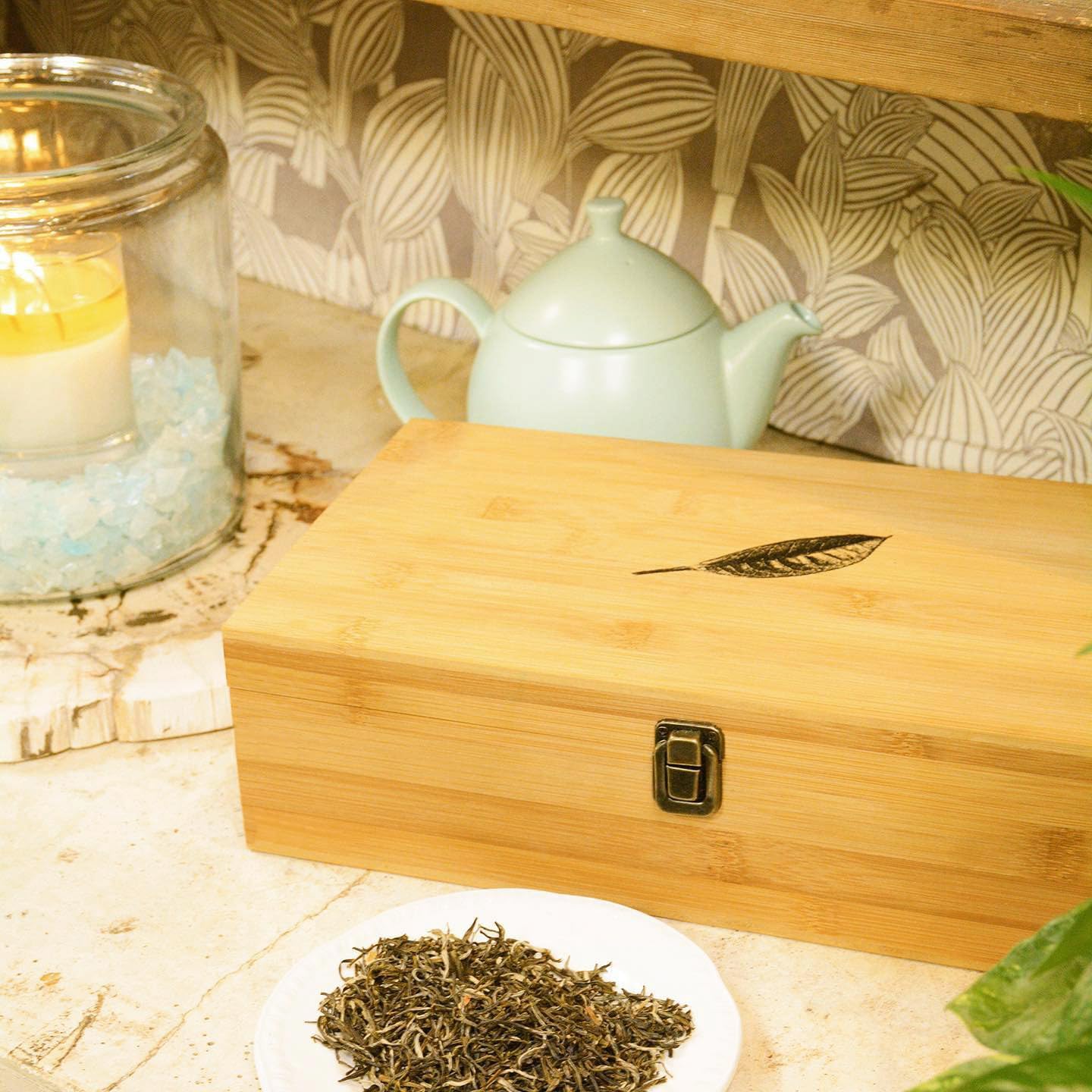 Tea Organizer Box Food Safe Chemical Free Bamboo Wood Storage Chest Big, Tall, Adjustable Cubbies (8-Slot 14.3" x 8.1" x 4.2" with TEA print design)