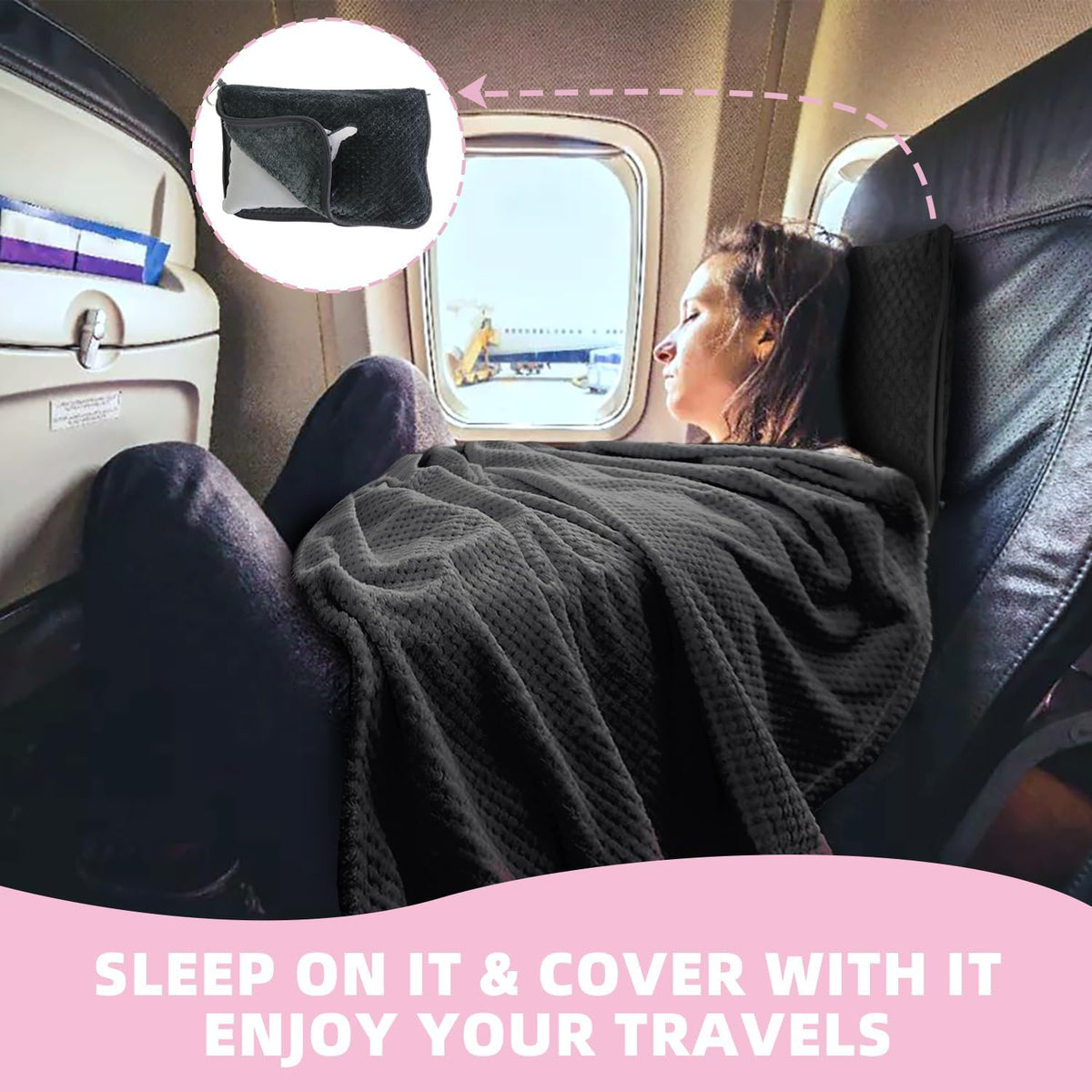 3 in 1 Travel Blanket Pillow Set - 350 GSM Thick Travel Blanket Airplane Compact with Bag, Soft Bag with a Pocket, Inflatable Travel Pillow for Camping & Car Trip(Mint Green)