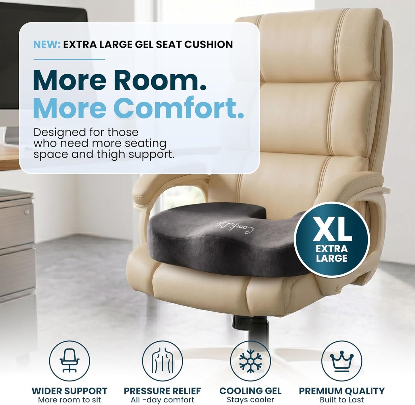 ComfiLife Gel Enhanced Seat Cushion – Office Chair Cushion – Non-Slip Gel & Memory Foam Coccyx Cushion for Tailbone Pain - Desk Chair Car Seat Cushion Driving - Sciatica & Back Pain Relief (Navy)