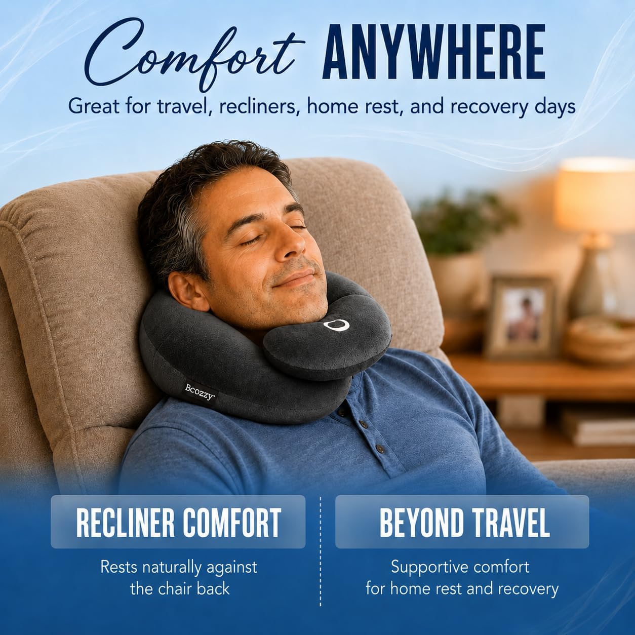 BCOZZY Travel Neck Pillow for Airplane – Patented Double Support for Head, Neck, and Chin. Best for Long Flights, Plane Sleeping, and Car Rides. Adjustable Size. Fully Washable. Carry Bag. Large, Gray