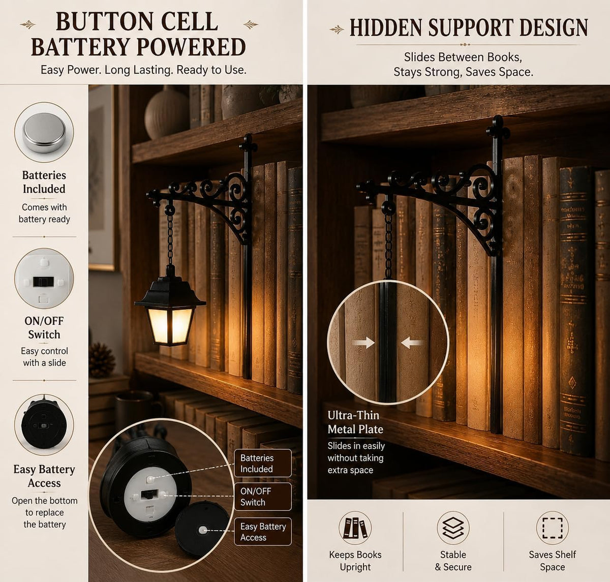 Library Lantern-Decorative Bookshelf Lighting, Mini Bookshelf Lamp Slides Between Books, Warm Amber LED Nook Light & Bookshelf Lantern for Book Nook, Shelf Decor Gift for Book Lovers(Reading Ghost)