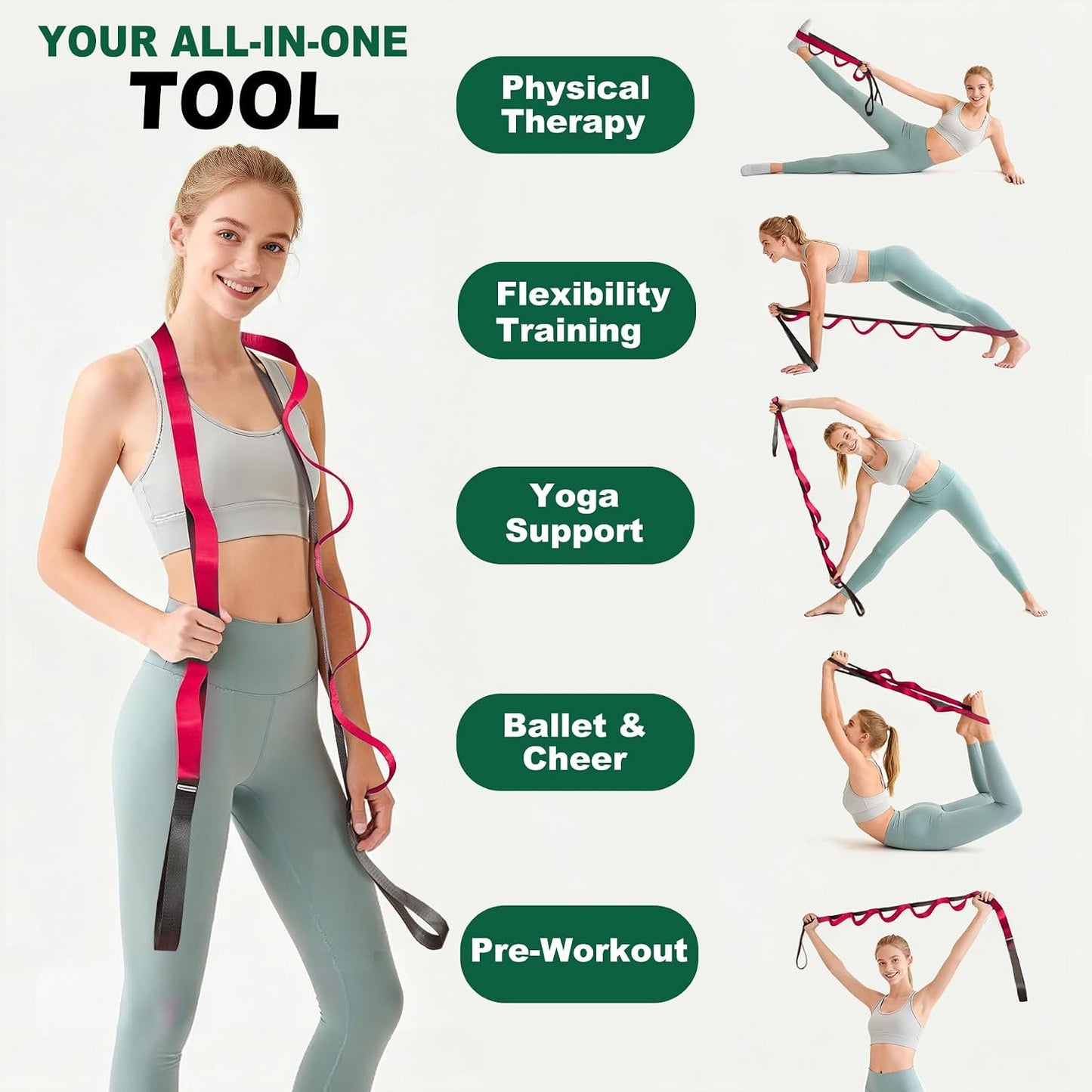 Acozycoo Stretching Strap with Loops,Non-Elastic Yoga Strap for Physical Therapy,Knee Replacement Recovery & Plantar Fasciitis,Leg Stretcher Band for Flexibility & Hamstring Rehab