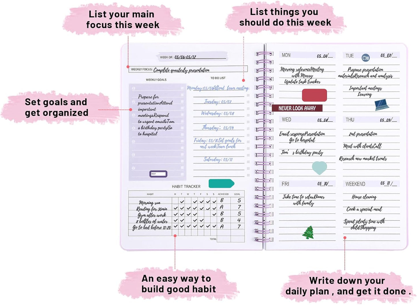 Undated Weekly Planner with Habit Tracker, 52 Weeks To Do List Notebook A5 Weekly Goal Planner with Spiral Binding & Stickers Home Work School Supplies for Women Girls 8.2" x 5.7" - Pink
