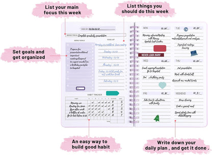 Undated Weekly Planner with Habit Tracker, 52 Weeks To Do List Notebook A5 Weekly Goal Planner with Spiral Binding & Stickers Home Work School Supplies for Women Girls 8.2" x 5.7" - Pink
