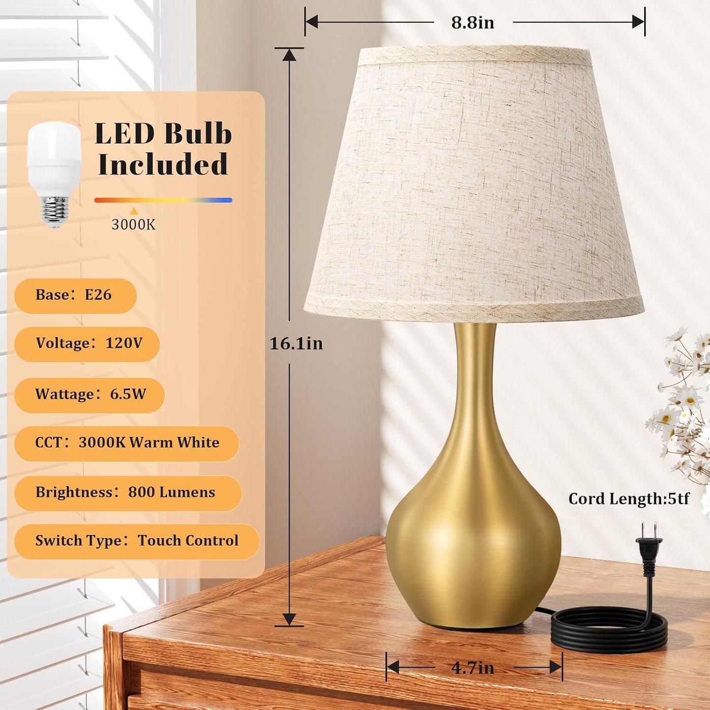 Seealle 16.1" Touch Table Lamps for Nightstand, 3-Way Dimmable Small Bedroom Lamps for Night Stands, Black Bedside Lamps for Living Room, Kids Room, End Table