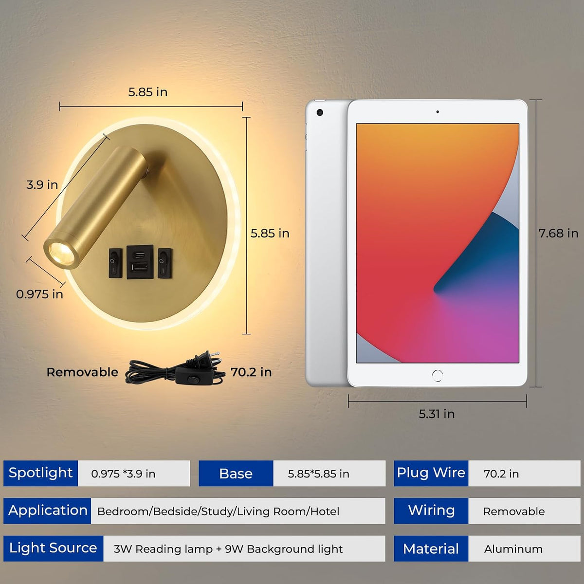 Plug in Wall Lamps for Bedroom Living Room, Wall Mounted Reading Lights with USB C+A Charging Ports, Headboard Lamp 360°Rotation, Wall Mount Lamp with 3 Color Temperature 3W+9W Night Light