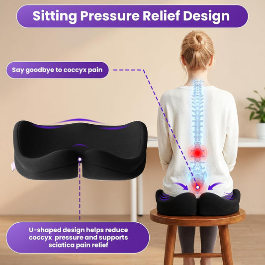 ZZ-WELL Seat Cushion for Office Chairs, Black, 21.2 Inches | Coccyx Cushion for Tailbone Pain, Memory Foam, Extra Large Thick, Patented Pressure Relief, Computer Gaming Chair