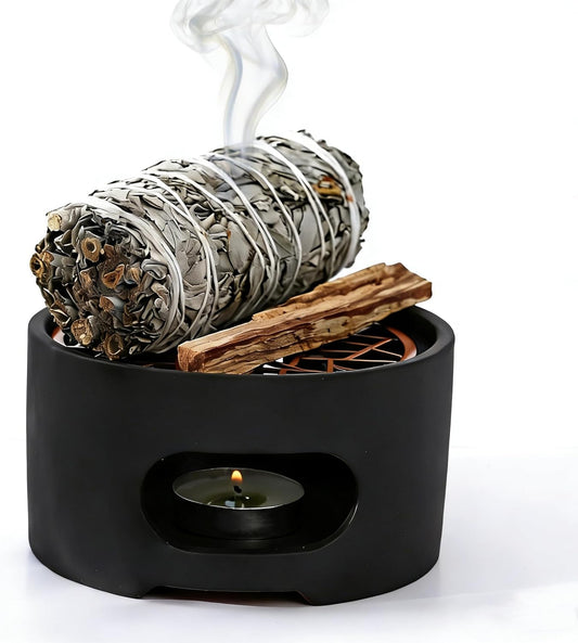 All-in-One Incense Holder for Burning Palo Santo & Sage Sticks & Insence-Stick and Cone & Candle, Lasting Burn Palo Santo & Sage Bundle & Loose Sage Leaves, Ash-Free, Wind-Resistant(Brown)
