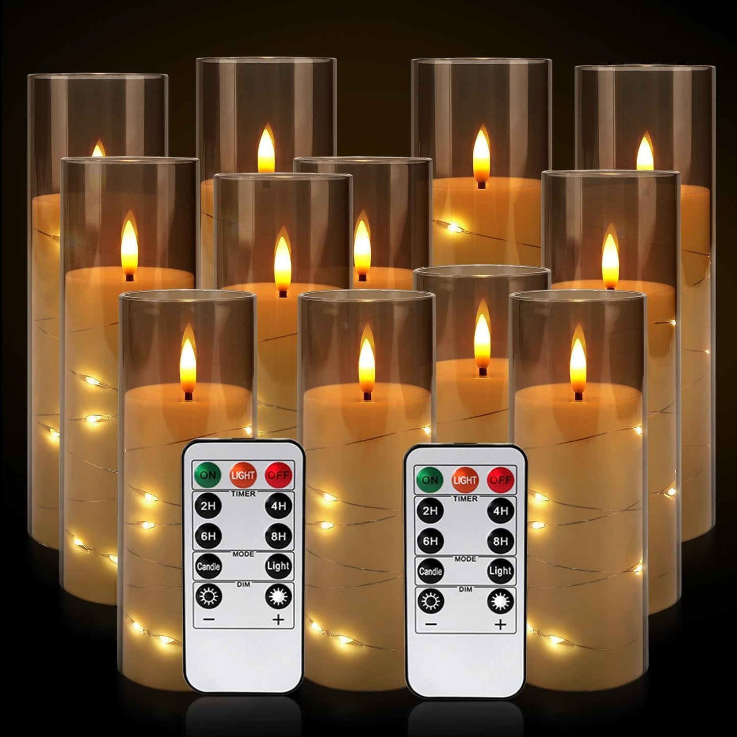 24 Pcs LED Flameless Candles with Remote, 3D Flickering Flame & LED String Lights, Acrylic Clear Cylinder, Timer Function, Romantic Ambience for Home Decor, Party, Wedding (Ivory).